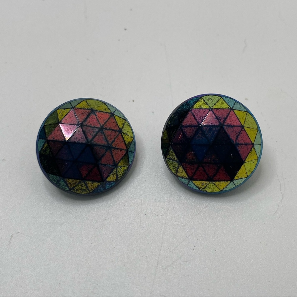 Vintage MCM Signed Dalsheim Geometric Multicolor Round Faceted Stud Earrings